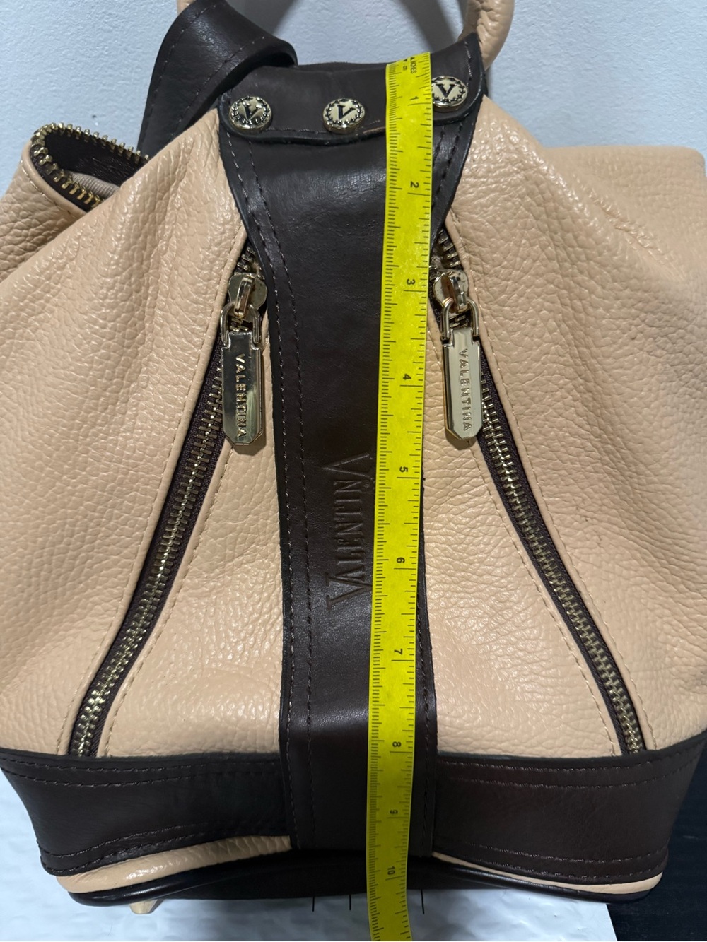 Valentina Beige and Dark Brown Leather Mini Backpack , made in Italy - Picture 7 of 9